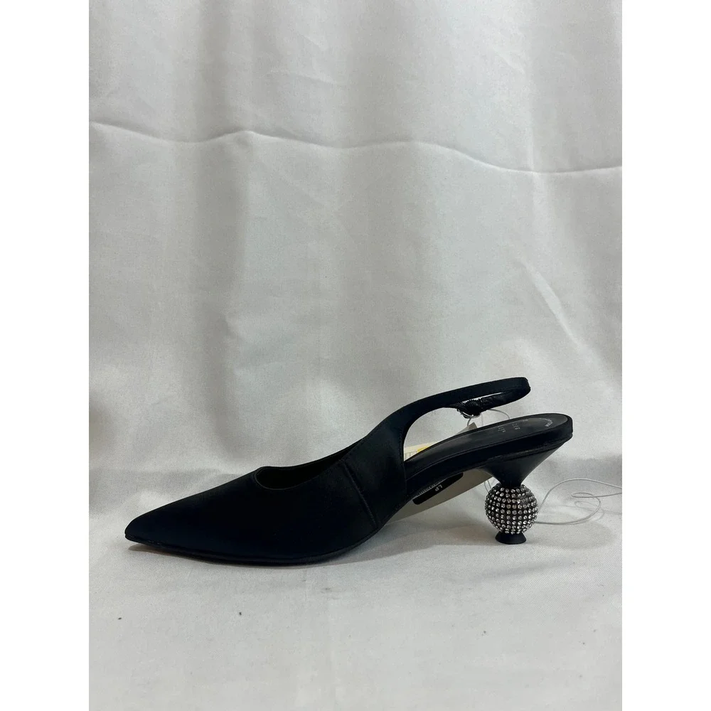 A New‎ Day Women Black Satin Rhinestone Disco Ball Heel Slingback Pumps Size 7